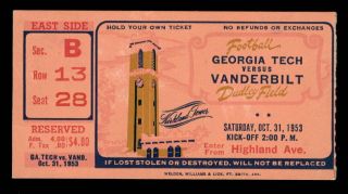 Vintage Georgia Tech Vs.  Vanderbilt Football Ticket 1953 Dudley Field