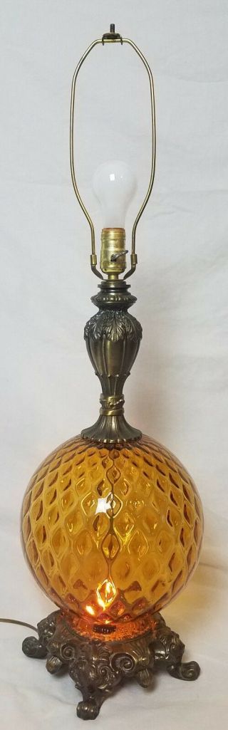 3 - Way Orange Table Lamp - Retro Amber Quilted Glass,  Mcm,  Antique Light