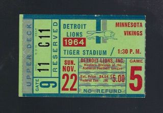Vintage 1964 Nfl Minnesota Vikings @ Detroit Lions Football Ticket Stub