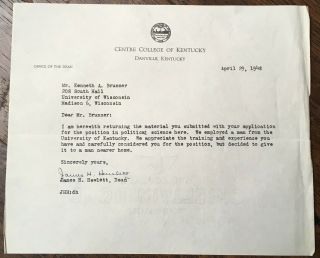 Vtg 1948 Centre College Kentucky Letter Signed By James H Hewlett - Dean