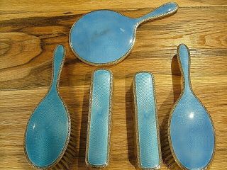 Quality Antique Hm1922 Blue Guilloche Enamel Solid Silver Brush & Mirror Set 655
