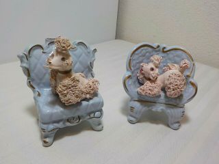 2 Vintage Pink Spaghetti Trim Poodles Dogs Sitting On Blue Chairs