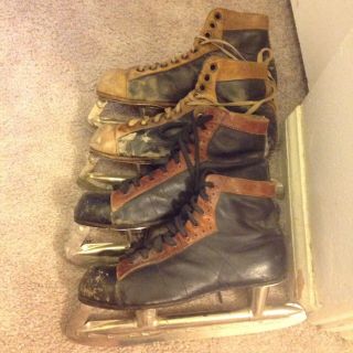 Two (2) Pair Vintage Leather Ice Skates - Christmas Decorations,