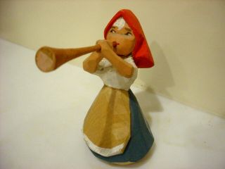 Vintage Henning Norway Hand Carved Wood Figure Girl Blowing Horn 3.  5 " Tall