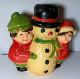 Vtg 1960’s Union Products Blow Mold Snowman W/ Children Lighted Xmas Decoration