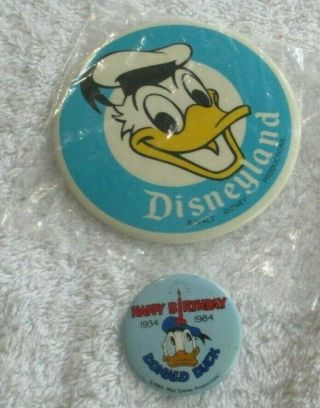 Vintage Disneyland & Happy Birthday Donald Duck Pin Buttons