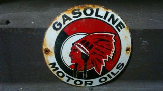 Vintage Red Indian Gasoline Motor Oils Porcelain Sign Dealership Sales