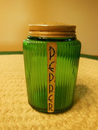 Vintage Hoosier Oblong Green Glass Ribbed Pepper Shaker Label & Lid