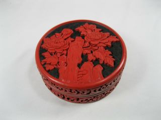 Vintage Red Black Lacquer Cinnabar On Metal Round Lidded Trinket Box Flowers