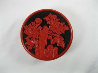 VINTAGE RED BLACK LACQUER CINNABAR ON METAL ROUND LIDDED TRINKET BOX FLOWERS 2