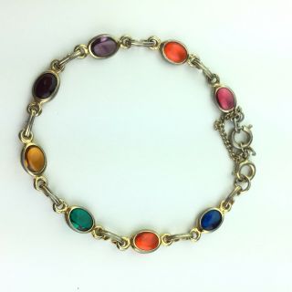 Vtg Glass Oval Stones Rainbow Multi - Color Gold Tone Link Bracelet 7 1/2 " Long