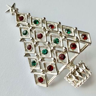 Signed Hedy Vintage Christmas Tree Red Green Rhinestone Silver Tn Brooch Pin 67
