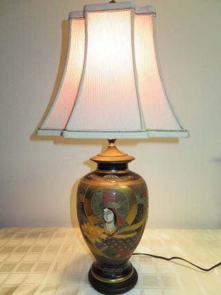 Antique Japanese Immortals Cloisonne Lamp & Oriental Shade