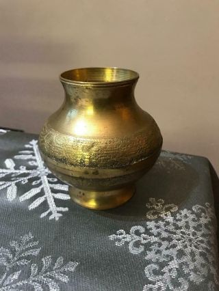 Vintage Holy Water Ceremonial Temple Pot Brass Ornate India Table Vase 4 " Tall