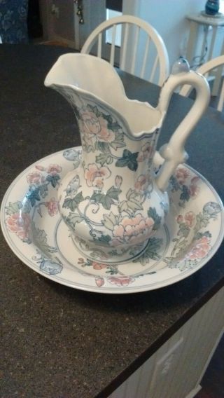 Vintage Porcelain Bowl And Pitcher With Floral Design