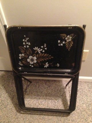 Set 4 Vintage Cal Dak Metal Black Shabby Floral Folding Tv Trays & Rack