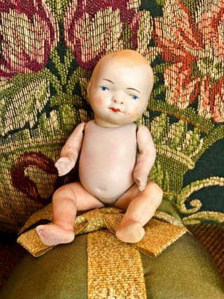 Antique 4 Inch Jointed Miniature German Bisque Baby Doll W/ Markings 1890 - 1930