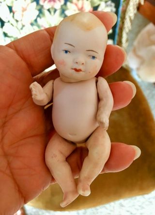 Antique 4 Inch Jointed Miniature German Bisque Baby Doll w/ Markings 1890 - 1930 2