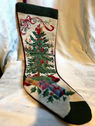 Vintage Christmas Stocking Needlepoint Tree With Presents Hand Crafted