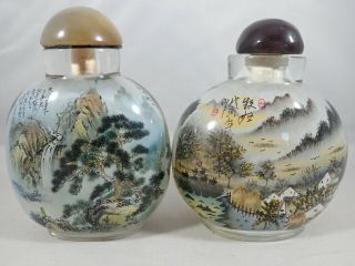 (2) Vintage Chinese Reverse Painted Glass Snuff Bottle - Waterfalls & Harbor