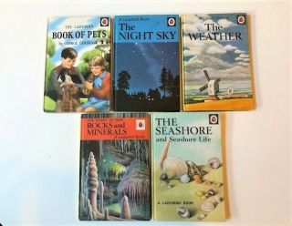 5 Vintage Ladybird Books Night Sky,  Weather,  Seashore,  Rocks/minerals,  Pets 536
