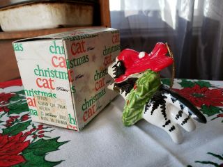 Kliban Cat in Christmas Wreath: Vintage Ceramic Ornament 1981 2