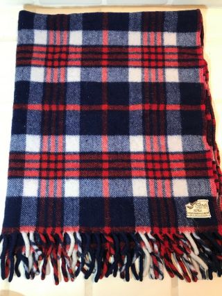 Vintage Horner Woolen Mills Wool Usa Made Throw Blanket Red White & Blue Plaid