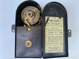Vintage Factory Tork Timer Clock Key Industrial Steampunk Coffin Style Owl Logo