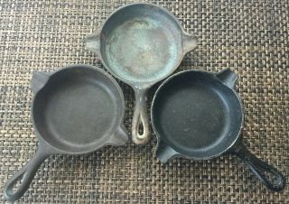 3 Vintage Wagner Ware Cast Iron Skillet Advertising Ashtray Spoonrest 1050 C - E&f