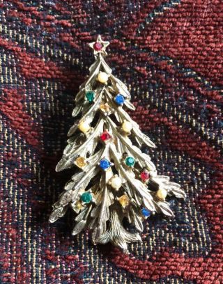 Vintage Antique Gold Christmas Tree Brooch Sparkly Rhinestones Seed Pearls 2.  25 "