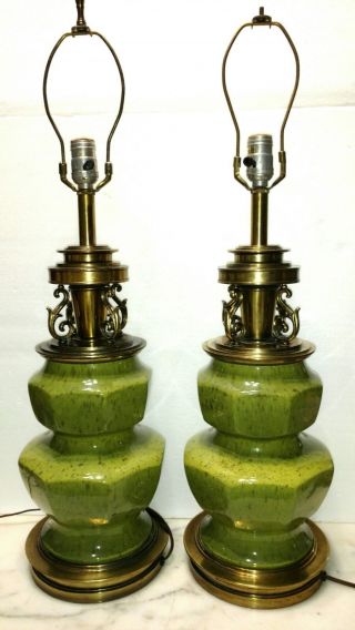 Pair Vintage Stiffel Green Ceramic Spatter Mid - Century Table Lamps Electric 28 "