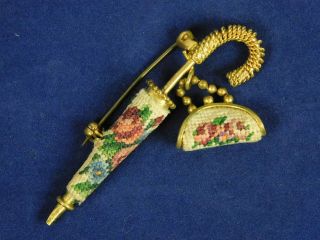 Antique Victorian Petit Point Brooch Pin Parasol With Bag Purse Umbrella Gold