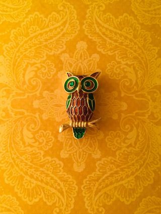 Crown Trifari Vintage Owl Brown Green Enamel Brooch Pin