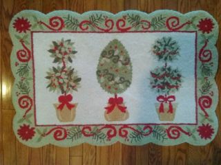 Vtg? Christmas Topiaries Holiday Hooked Wool Rug Throw Accent Mat 34 " X23 "
