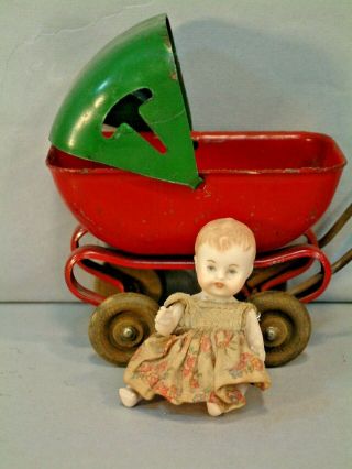 Antique Tin Carriage & The Cutest 3 " German All Bisque Baby Dress Wow