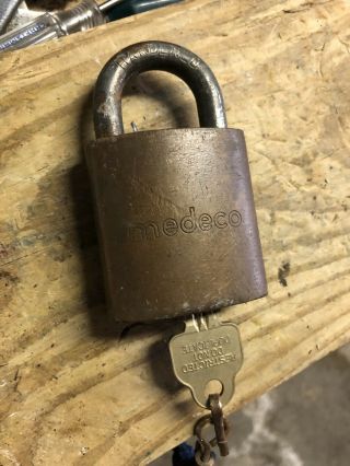 Vtg.  Medeco High Security Padlock Brass Body With Matching Restricted Key USA 2