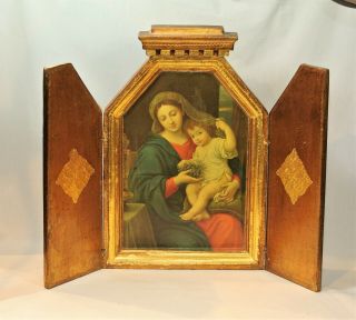 Vintage Florentine Gilt Italian Wood Toleware Triptych 3 Panel Altar Very Large