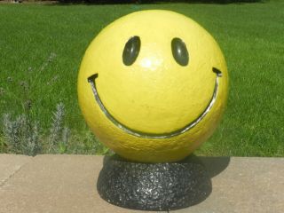 Vintage Retro 70s Yellow Smiley Face Chalkware Piggy Bank Huge