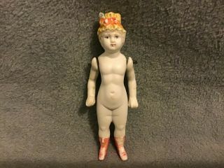 Antique All Bisque Doll W/molded Hat And Pink Boots