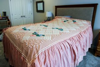 Vintage Pink Chenille Bedspread,  Full Size With Floral Pattern