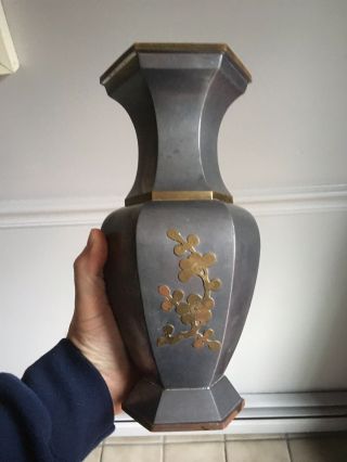Vintage Asian Zinc Metal Vase W/ Applied Brass Prunus Plum Blossoms And Trim