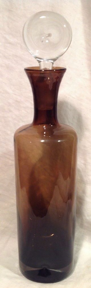 Vintage Large 15 " Mid Century Modern Brown Art Glass Decanter W/clear Stopper