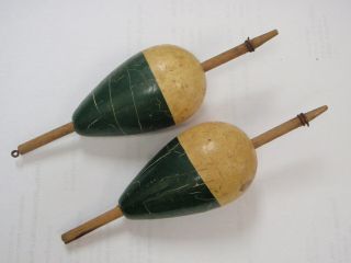 Vintage Wooden Fishing Bobbers Green Pair 6 " Overall 3 " Body Old Fishing Tackle