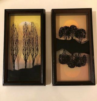 1974 Virgil Thrasher Lucid Lines Reverse Shadow Glass Artwork Mcm 3 Trees 2 Suns
