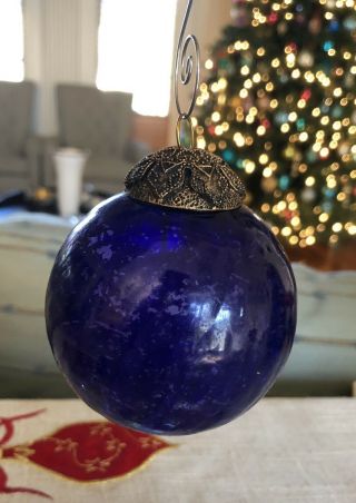 Vintage Kugel Round Cobalt Blue Crackle Glass Christmas Tree Ornament