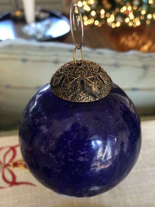 VINTAGE KUGEL ROUND COBALT BLUE CRACKLE GLASS CHRISTMAS TREE ORNAMENT 2