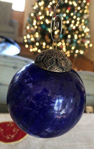 VINTAGE KUGEL ROUND COBALT BLUE CRACKLE GLASS CHRISTMAS TREE ORNAMENT 3
