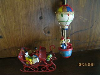 Vintage Christmas Ornaments - Red Metal Sleigh And Wooden Hot Air Balloon
