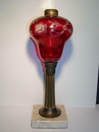 Antique 19thc Oil Lamp - W/ Ruby Red Cut To Clear Font,  Marble Base,  12 " Tall