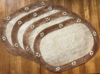 4 Vintage Ebroidered Straw Wicker Rattan Woven Oval Place Mats Abaca Fiber